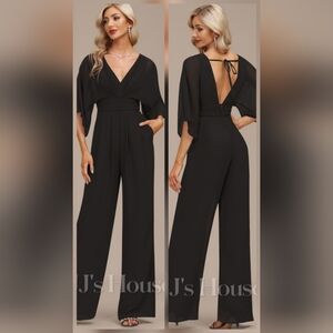 NWT JJs House Black‎ Chiffon V- Neck Floor Length Jumpsuit - Size 12